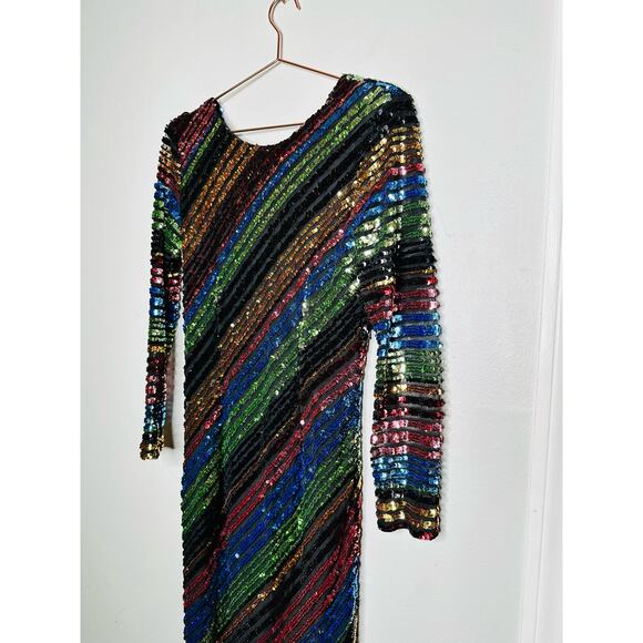 ALCOOLIQUE Peyton Tubolar Black Rainbow Stripe Sequin Mesh Backless Mini Dress10 - Picture 6 of 16